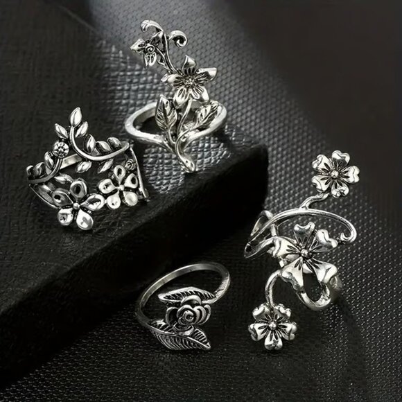 4 pieces Silver Flower Vine Theme Personality Ring Set - Picture 3 of 5